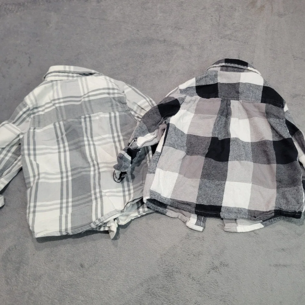 OshKosh Healthtex Plaid Shirt Boys 18M Grey Black Flannel Button Down Bundle 2pc